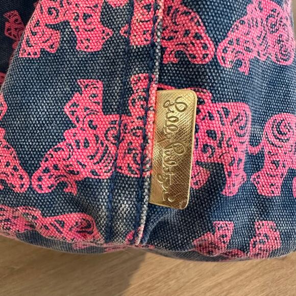 Lilly Pulitzer Elephant Printed Denim Tote Bag Navy Blue/Pink Distressed Carryal - Picture 8 of 12
